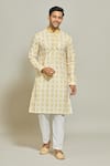 Buy_Arihant Rai Sinha_Yellow Kurta Cotton Aligadhi Pant Art Silk Print Sequin Embellished Set _Online_at_Aza_Fashions