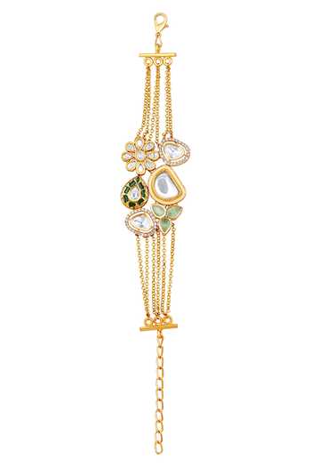 Shop_HRISHA_Gold Plated Zari, Crystals Floral Kundan Work Bracelet _at_Aza_Fashions
