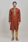 Buy_Arihant Rai Sinha_Brown Poly Cotton Embroidery Zari Thread Placement Kurta Set _Online_at_Aza_Fashions