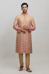 Buy_Arihant Rai Sinha_Orange Kurta Slub Silk Embroidered Geometric Ombre Set _at_Aza_Fashions