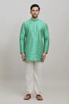 Arihant Rai Sinha_Green Poly Blend Plain Mandarin Collar Short Kurta _Online_at_Aza_Fashions