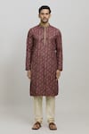 Arihant Rai Sinha_Maroon Kurta Poly Blend Printed Floral Vine And Churidar Set _Online_at_Aza_Fashions