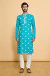 Arihant Rai Sinha_Blue Cotton Embroidery, Sequins Floral Straight Kurta Set_Online_at_Aza_Fashions