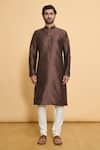 Arihant Rai Sinha_Brown Poly Blend Solid Mandarin Collar Straight Kurta With Churidar _Online_at_Aza_Fashions