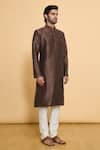 Buy_Arihant Rai Sinha_Brown Poly Blend Solid Mandarin Collar Straight Kurta With Churidar _Online_at_Aza_Fashions