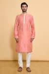 Arihant Rai Sinha_Pink Polyester, Cotton Lace Geometric Leaf Embroidered Kurta And Churidar Set _Online_at_Aza_Fashions