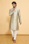 Buy_Arihant Rai Sinha_Grey Silk, Polyester Mandarin Collar Solid Kurta And Churidar Set _at_Aza_Fashions