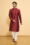 Buy_Arihant Rai Sinha_Maroon Kurta Dupion Silk Solid Plain And Churidar Set _at_Aza_Fashions