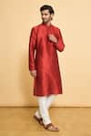 Buy_Arihant Rai Sinha_Red Silk, Polyester Plain Full Sleeve Kurta And Churidar Set _at_Aza_Fashions