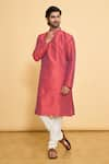 Buy_Arihant Rai Sinha_Red Kurta Dupion Silk Solid Plain Mandarin Collar And Churidar Set _at_Aza_Fashions