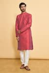 Shop_Arihant Rai Sinha_Red Kurta Dupion Silk Solid Plain Mandarin Collar And Churidar Set _Online_at_Aza_Fashions