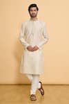 Buy_Arihant Rai Sinha_Cream Poly Embroidered Thread Kurta And Churidar Set _at_Aza_Fashions