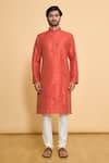 Arihant Rai Sinha_Red Kurta Poly Blend Solid Mandarin Collar And Churidar Set _Online_at_Aza_Fashions