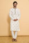 Buy_Arihant Rai Sinha_Cream Kurta Slub Silk Embroidered Floral And Churidar Set _Online_at_Aza_Fashions