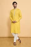 Buy_Arihant Rai Sinha_Yellow Kurta Poly Jacquard Woven Geometric Placket Embroidered And Churidar Set _at_Aza_Fashions