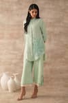 Buy_VARUN CHHABRA_Green Linen Embroidered Thread Band Collar Floral Dori Work Tunic And Pant Set _at_Aza_Fashions