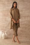 Buy_VARUN CHHABRA_Gold Tunic Linen Embroidered Thread Collared Asymmetric And Pant Set _at_Aza_Fashions