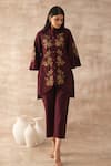 Buy_VARUN CHHABRA_Maroon Cotton Slub Embroidered Dori Round Asymmetric Thread Tunic And Pant Set _at_Aza_Fashions