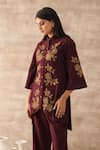 Shop_VARUN CHHABRA_Maroon Cotton Slub Embroidered Dori Round Asymmetric Thread Tunic And Pant Set _at_Aza_Fashions