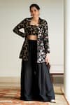 Buy_Sobariko_Black Brocade Hand Embroidered Floral Handwoven Jacket Palazzo Set  _at_Aza_Fashions