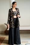 Buy_Sobariko_Black Brocade Hand Embroidered Floral Handwoven Jacket Palazzo Set  _Online_at_Aza_Fashions