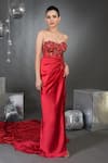 Talking Threads_Red Pure Satin Embellished Sequins Off Madonna Gardenia Draped Gown  _Online_at_Aza_Fashions