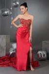 Shop_Talking Threads_Red Pure Satin Embellished Sequins Off Madonna Gardenia Draped Gown  _Online_at_Aza_Fashions