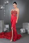 Talking Threads_Red Pure Satin Embellished Sequins Off Madonna Gardenia Draped Gown  _at_Aza_Fashions