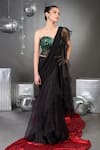 Talking Threads_Black Corset Tulle Embellished Soild Pre-draped Ruffle Saree With  _Online_at_Aza_Fashions