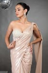 Talking Threads_Beige Leatherite Embellished Pearls Off Divinity Saree With Corset  _at_Aza_Fashions