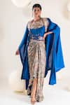 Buy_Pallavi Poddar_Blue Dupion Embroidery Resham Suta Phool Work Cape Draped Skirt Set  _at_Aza_Fashions