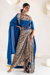 Pallavi Poddar_Blue Dupion Embroidery Resham Suta Phool Work Cape Draped Skirt Set  _Online_at_Aza_Fashions