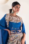 Buy_Pallavi Poddar_Blue Dupion Embroidery Resham Suta Phool Work Cape Draped Skirt Set  _Online_at_Aza_Fashions