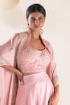 Buy_Pallavi Poddar_Pink Organza Embroidery Resham Round Neck Petunia Cape Skirt Set  _Online_at_Aza_Fashions