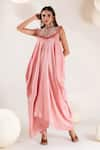 Buy_Pallavi Poddar_Pink Dupion Embroidery Thread Round Cosmos Yoke Cowl Draped Jumpsuit  _at_Aza_Fashions