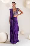 Buy_Pallavi Poddar_Purple Dupion Embroidered Blouse Floral Scoop Pre-draped Saree With _at_Aza_Fashions