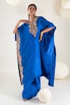 Buy_Pallavi Poddar_Blue Dupion Placement Embroidery Zardozi Round Yoke Kaftan With Pant  _at_Aza_Fashions