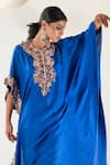 Pallavi Poddar_Blue Dupion Placement Embroidery Zardozi Round Neck Yoke Kaftan With Pant _Online_at_Aza_Fashions