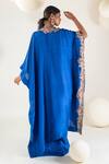 Shop_Pallavi Poddar_Blue Dupion Placement Embroidery Zardozi Round Yoke Kaftan With Pant  _at_Aza_Fashions