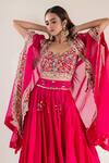 Pallavi Poddar_Pink Dupion Embroidery Floral Cape Open Neck Lehenga Set _Online_at_Aza_Fashions