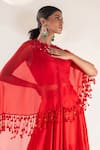 Pallavi Poddar_Red Organza Placement Embroidery Floral Round Neck Tonal Yoke Cape Skirt Set _Online_at_Aza_Fashions