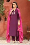 Buy_Weaver Story_Purple Chanderi Silk Placement Embroidery Leaf Motif V Straight Kurta Pant Set _at_Aza_Fashions