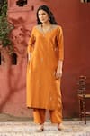 Weaver Story_Orange Chanderi Silk Embroidery Butti V Neck Kurta Pant Set _Online_at_Aza_Fashions