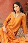 Shop_Weaver Story_Orange Chanderi Silk Embroidery Butti V Neck Kurta Pant Set _Online_at_Aza_Fashions