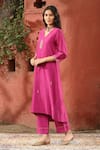 Weaver Story_Pink Chanderi Silk Placement Embroidery Floral V Neck Kurta With Pant _Online_at_Aza_Fashions