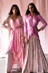 Shop_ANUSHKA KHANNA_Pink Silk Crepe Bandhani Gota Collar Neck Shirt With Vine Embellished Lehenga _at_Aza_Fashions