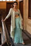 Buy_ANUSHKA KHANNA_Blue Silk Crepe Embroidery Gota Square Embellished Jacket Gharara Set  _at_Aza_Fashions