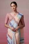 Dressfolk_Peach Handloom Linen Stripe Petals Awning Saree _Online_at_Aza_Fashions