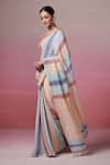 Buy_Dressfolk_Peach Handloom Linen Stripe Petals Awning Saree  _Online_at_Aza_Fashions