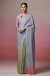 Buy_Dressfolk_Green Handloom Linen Stripes Two Tone Saree  _at_Aza_Fashions